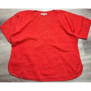 Flax Women's Colorful Linen Shirt Red Orange Bright Size L Boho Artsy Coastal